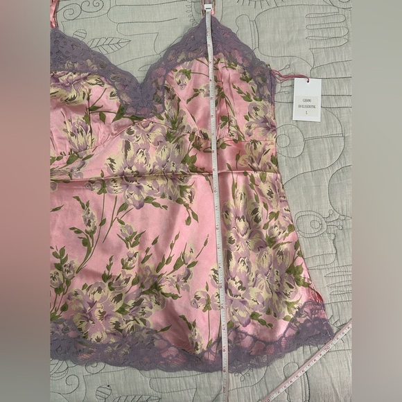 NEW Gold Hawk Floral Print Lace Silk Cami Sz L Pink Blossom Purple Lace - Picture 5 of 7